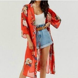 Band Of Gypsies Women's Kimono Cover-Up Bell Sleeve V-Neck Red Gold Floral S